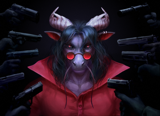 An anthropomorphic black dragon in a red shirt in a dark room. He has weapons pointed at him by the people behind the scenes.