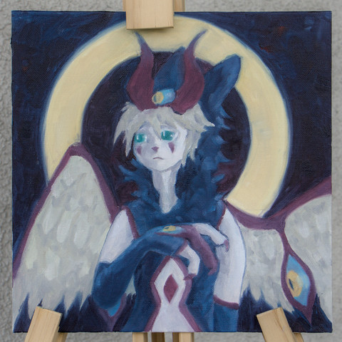 An oil painting of Callisto, an anthropomorphic character with horns, wings and eyes in various places. Callisto looks slightly to the right with something like a neutral-sad expression on their face.