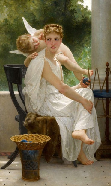 In this fanciful depiction of life in ancient Greece, a playful Cupid anoints a young woman’s ear with perfume, distracting her with thoughts of love as her mind wanders from her tedious task of winding balls of wool.