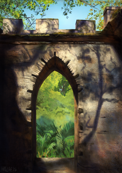 A digital painting of an old stone arched window, with dappled sunlight falling across the crumbling walls, and chaotic foliage beyond.