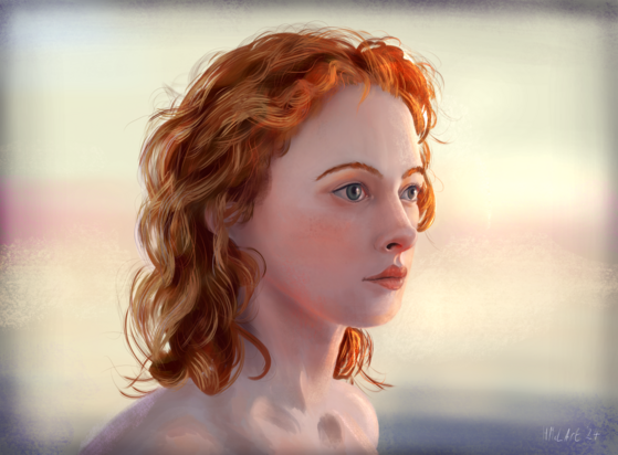 A digitally painted portrait study of a red haired woman lit by warm, evening sunlight.