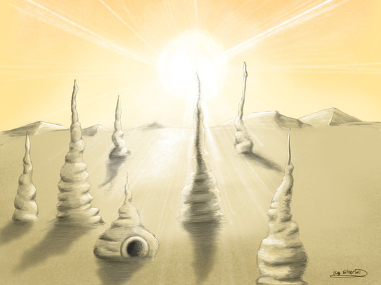 Digital painting of a desert with what seems to be some pilar like constructions made up of sand. The sun shines in the background and the sky looks yellow