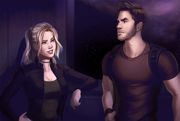 Digital artwork of Alexis Hawke and Grey O'Shea from the webcomic Terra Incognita. Alexis is looking over at Grey with a coy expression as he looks back at her, slightly annoyed.