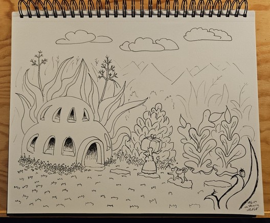 Full page black and white drawing of a little troll moving in a two story bun shaped house. Weird plants are growing in the background.