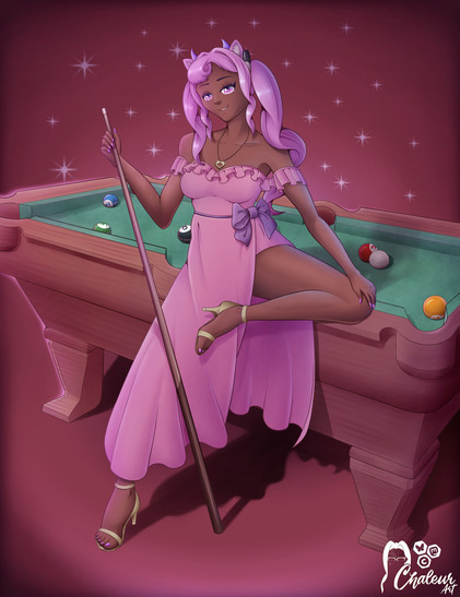 Digital drawing of a woman with pink hair, animal ears and horns in front of a pool table. Her leg is resting on the table and she is holding a cue. She is wearing a pink party dress and golden high heels.