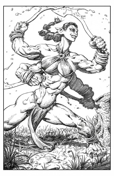 A sketch of a muscular woman with sharp teeth, pointed ears, and four arms. She holds a curved sword in each hand.