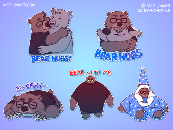 Five telegram stickers of Nutmeg, an anthro bear: giving a generic bear a bear hug, giving a crushing bear hug to a generic character, lying on the floor looking drowsy with the text 