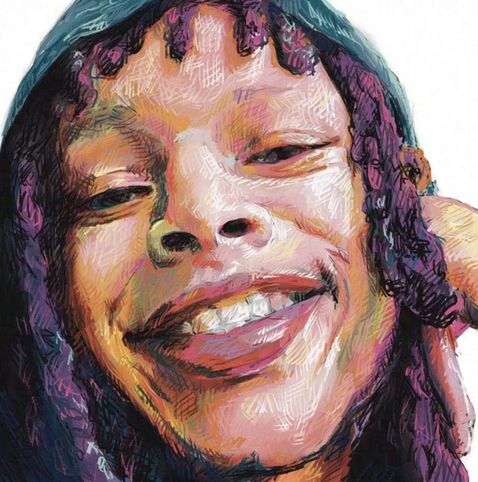 Colorful crosshatch drawing of a person smiling