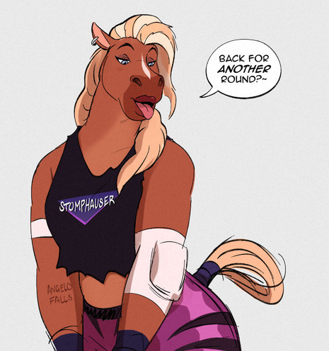 A drawing of my anthro horse wrestler OC, Stella Stomphauser in a flirty teasing pose with her tongue out. Her wrestling gear is a black crop top with 