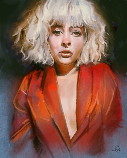 A digital pastel painting of a young woman in a red blazer. She has short blonde hair and is looking at the camera. 
