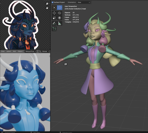 Sketch, weirdly colored preview, and random colored model of the same sorta elf lady with horns. Her hair is still super blocky and chunky and uneven. She's blue. The preview is just the wrong blue.