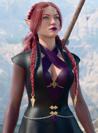 A screenshot in Baldur's Gate 3 of my OC, Cadmus, a light-skinned elf with long red hair. She is wearing a black dress over a violet halter top and dark sheer sleeves.