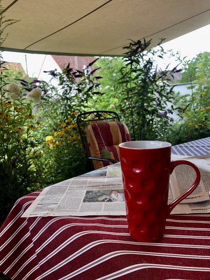 Tisch mit großer roter Kaffeetasse mit Dubbe. Tageszeitung und Blick in die grüne Hölle des Gartens. 