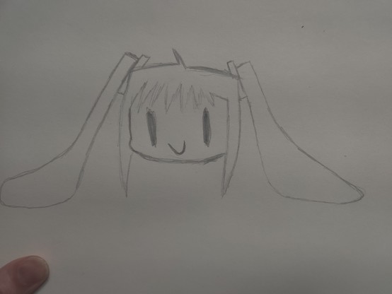 Chibi sketch of miku, she's using her hair to hold herself up even though she's just a head