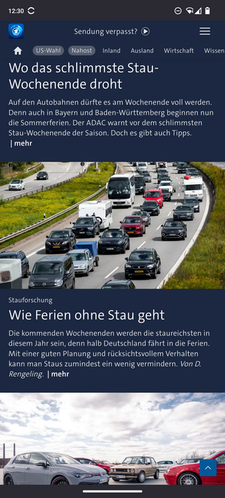 Screenshot von tagesschau.de:
Schlagzeile 1: Wo das schlimmste Stau-Wochenende droht
Bild zu Schlagzeile 2: Stau auf der Autobahn
Schlagzeile 2: Wie Ferien ohne Stau geht
Bild zum nächste Artikel über Autos 