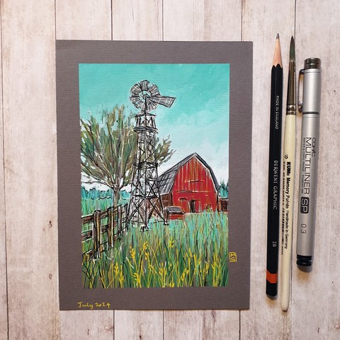Original drawing - Red Barn
A colour landscape drawing of a farm with a red barn and a windmill. The colour palette for this artwork is mostly green and red.
Materials: colour pencil, mixed media, acid free grey pastel paper
Width: 5 inches
Height: 7 inches