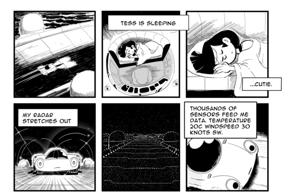 Worldracers Night Ride Pg 1/1 Panel 1, Racecar drives down the floating Pacific track. Their headlights illuminate the dark track. Panel 2, 