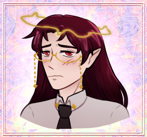 Bust shot artwork of a fallen angel man with golden glasses with a chain and a wobbly halo. He has long dark hair and a shirt with a tie. He looks embarrassed and is blushing.