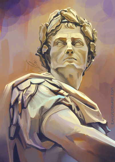 digital painting of a marble bust of caesar, painted from about the elbow up, head on. he is above the viewer so we see the deep set of his eyes and chin. his shoulder obscures his chest, as his arm comes forward. his hair is adorned with leaves, and the colors are mostly oranges, blues, and yellows.