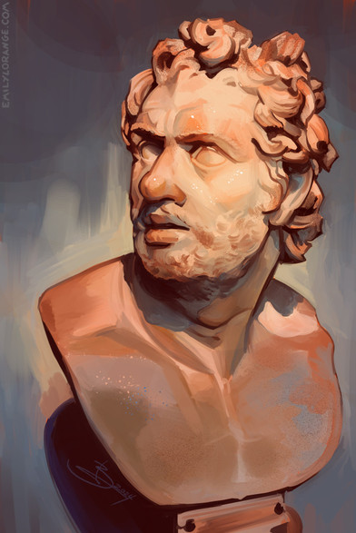 digital painting of a marble bust of a man, painted in shades of blue and orange. he is lit from above, and is looking up to the top left corner of the image. he has a short beard, and very wavy hair, and sits in a background of undefined gray.
