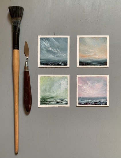 Photo of four original seascape oil paintings by Tisha Mark, clockwise from upper left: 
(1) Sea Storm, 3