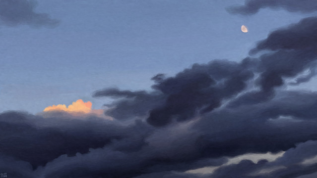 Digital painting of a pale blue sky, half full of long, dark grey clouds. There is a little portion of a cloud that is a bright yellow-orange colour, and there is a small, waning gibbous moon in the top right corner of the frame.