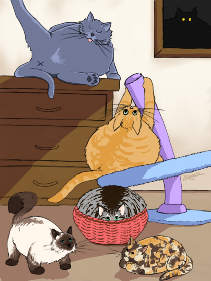 A cell shaded cartoon drawing of a group of six chubby cats. On the lower half of the drawing, from the left: a siamese fluffy cat standing, a tabby cat filling a wood basket, a calico cat loafing on the floor. Above them, a ginger cat tries to scratch a layered scratchpost but it's bending under its weight. Over a piece of furniture on the left there's a chartreoux cat trying to bend over to lick itself. On the top right corner, a window where a monochrome shadow of a big black cat with dot yellow yes can be seen.