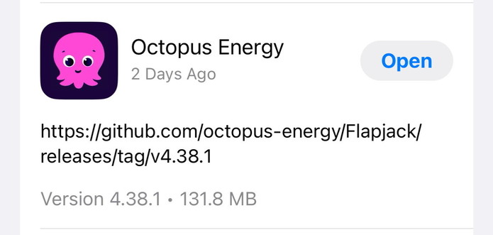 Apple iOS app update for octopus energy showing the GitHub release tag for the release notes