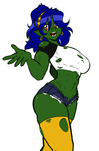 Sketch with color of Trella, a half-orc, holding one hand out and looking over her should like she's talking to someone. She's wearing a cropped two-tone shirt, cutoff shorts, and yellow leggings, all torn in various ways.