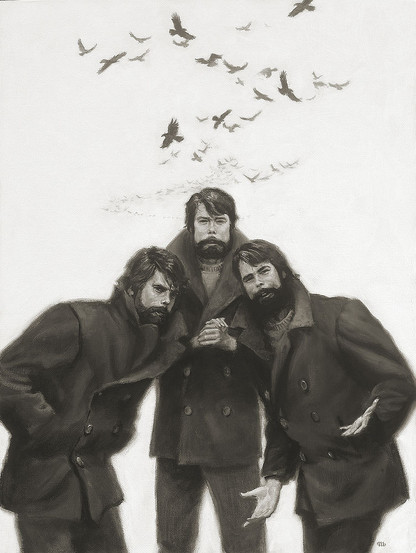 A trio of bearded Stephen Kings pose in buttoned up navy peacoats with sweaters underneath. The central King stands upright with eyes pressed flat while rubbing his hands. At each side, his companions lean in. On the left is a serious King with hands tucked into his pockets. On the right is a humored King with an expression that says, 