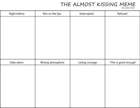 Blank template of the Almost Kissing Meme by number11train.
The prompts are 