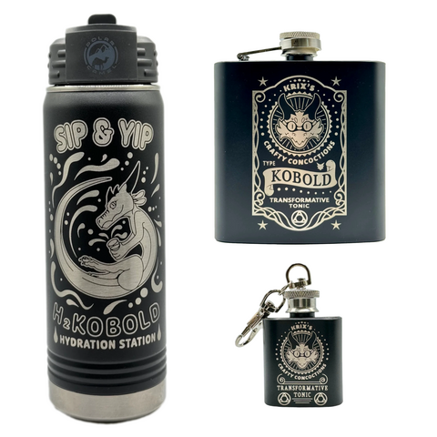 Water bottle, flask, and mini flask keychain engraved with various kobold shenanigans.
