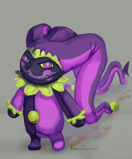 A painted fullbody of a possessed jester plushie in pink and purple colors with green ruffles and details