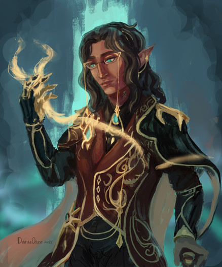 Painted halfbody of an elf character wearing a brown suit with golden embroidery.  He has a mechanical right arm, wavy shoulder-length hair, blueish eyes. He wears glasses and golden jewelry with blueish stones? matching his eyes and background.