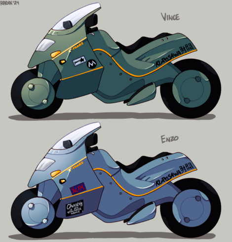 Concept art of two motorcycles. They're the same build, differing in colour and choice of decals. The factory text on both reads 