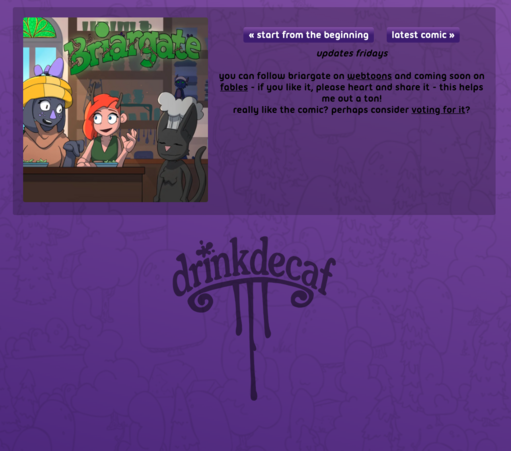Screenshot of a webpage - drinkdecaf page for the webcomic Briargate. The page is purple and contains links for the comic.