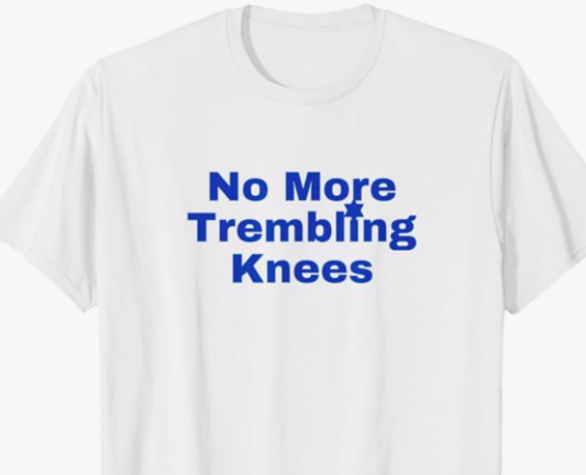 No More Trembling Knees is shown in blue lettering, with a Jewish star dotting the letter 