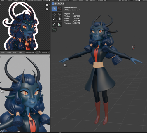 Blender screenshot of WIP blue girl with horns that has been on my page for like a week. Sketch + render that matches sketch + full body in normal window