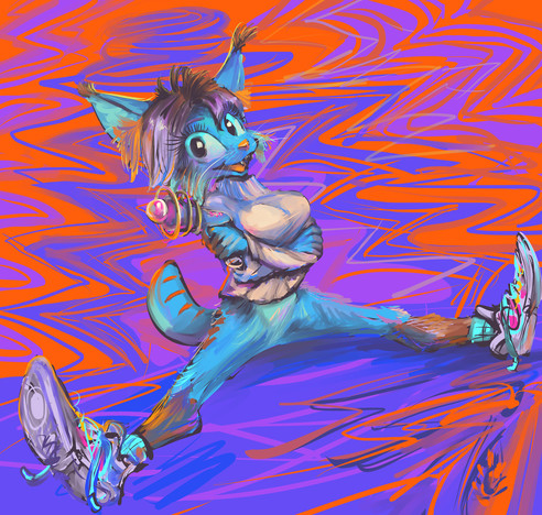 blue and brown furred anthropomorphic lynx person with crossed arms, clutching a vaguely rendered science-fiction-type gun in one hand, wearing a white sweater and sneaker shoes but not trousers, in front of a zig-zagging orange and purple abstract void
