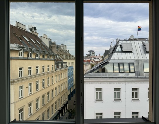 An overhead view through a window of a street and residential buildings in Vienna. The vertical bar of a window pane splits the view into two. On the left is a yellow building. On the right is a white building. In the distance the skyline of central Vienna can be seen under a cloudy sky.