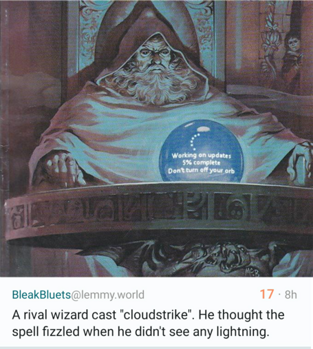 Meme of a wizard pondering his orb. The orb displays a Windows-like update message: 