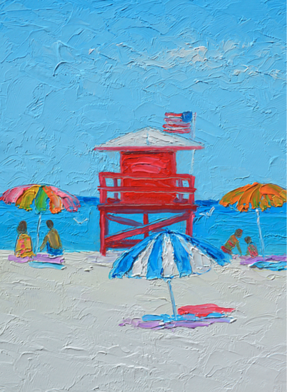 An impressionist beach painting with a red lifeguard hut and an American flag flying in the summer breeze. This lifeguard tower painting at Siesta Beach, was completed with a palette knife for a luscious thick texture. There are three beach umbrellas and people sitting beneath.