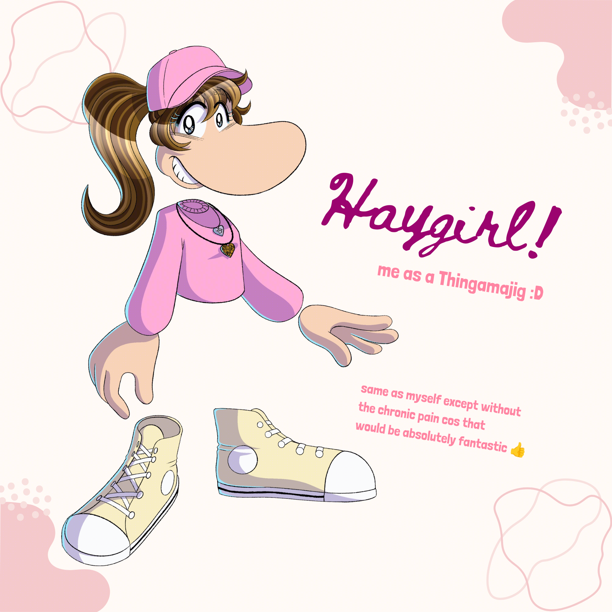 Me drawn as the same species as Rayman wearing the same outfit and hair as the previous image. The text reads: Haygirl! me as a Thingamajig :D same as myself except without the chronic pain cos that would be absolutely fantastic.
