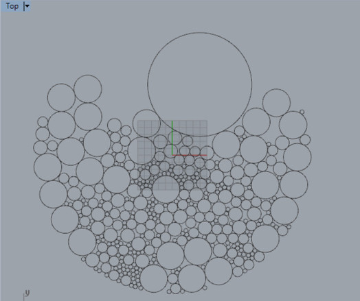 A view from the layout in Rhinoceros with a certain specified amount of each circle radii.