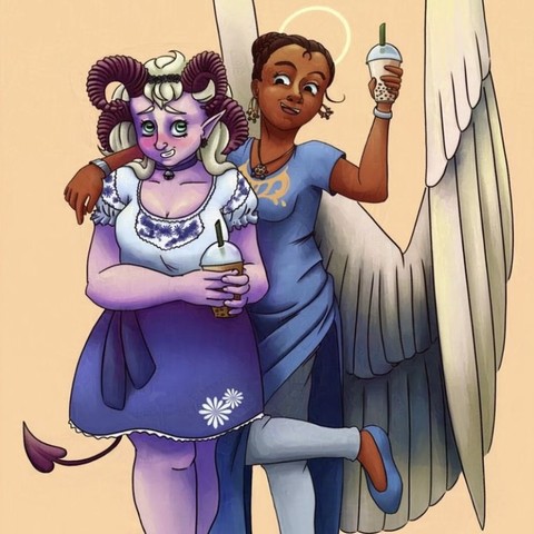 The same two characters again, the devil Dolly looks somewhat embarassed and the angel Shefali happily puts her arm around her shoulders. Both hold drink containers with Bubble tea.