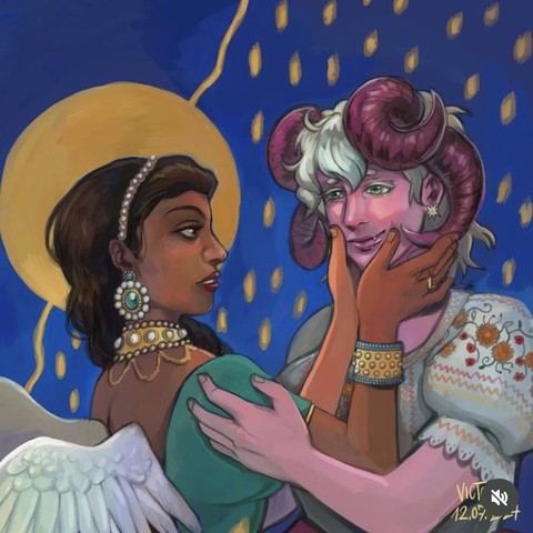 Illustration of the same two women before an abstract blue background. The dark-skinned angel frames the devil‘s face with her hands. They look gently at each other.