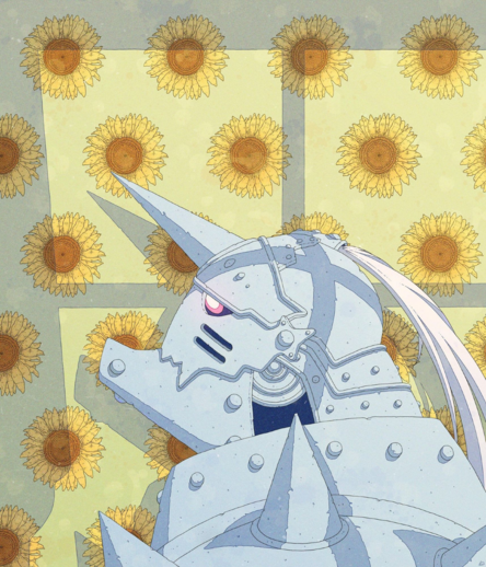 Color illustration of Alphonse posing againts a sunflower wallpaper. The drawing has a soft and colorful color pallete.