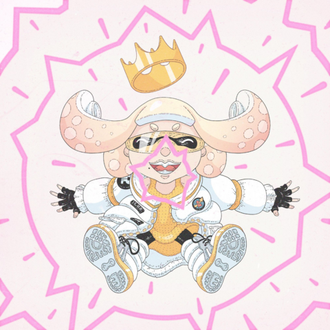 Color illustration of Pearl from Splatoon wearing her Side Order outfit, screaming while jumping and facing the viewer. Her scream takes the shape of concentric, bright-pink circles.