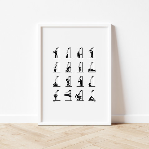 Mockup of a framed poster illustrating 16 unique pictograms of different characters showering, arranged in a four by four grid. Shower concepts and positions include a couple people dancing, a showering dog, someone working at a laptop while showering, someone with an umbrella, a potted plant, someone doing a handstand in the shower, an alien showering, someone in bed while showering, someone sitting in a yoga position, someone trying to catch the shower water in their coffee mug, a PacMan figure showering, a robot in the shower, a very windy showering experience, someone with three legs slipping in the shower, and someone trying to fix the shower.