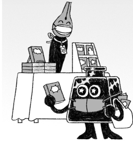 An anthropomorphic nib holder wearing an N95 mask is exhibiting comic books at a table. An anthropomorphic inkwell, also wearing a mask, holds up a comic with a starry-eyed expression.

Art by A Liang Chan